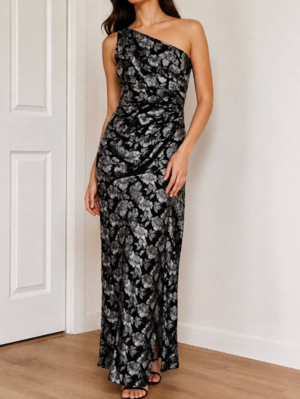 Eliza J Black One-Shoulder Dress with Silver Floral Jacquard Size 6